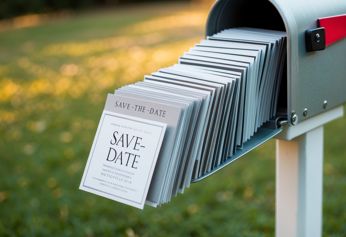 A stack of save-the-date cards spilling out of a mailbox