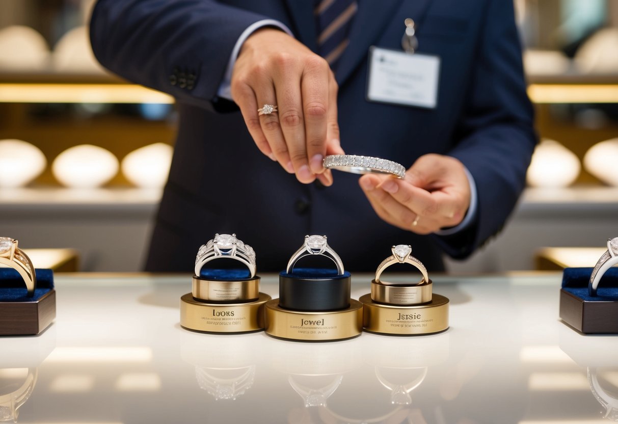 A jeweler showcasing a selection of sturdy wedding rings, emphasizing durability and longevity