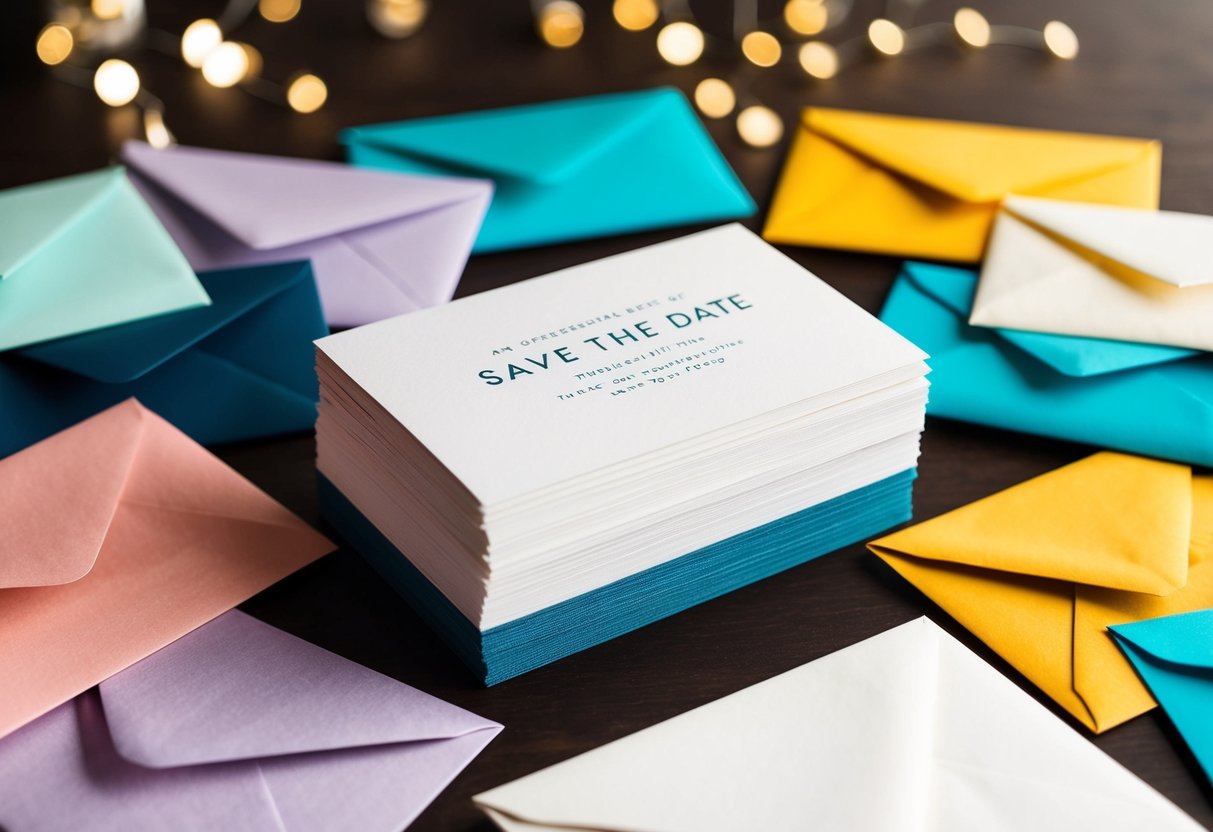 A stack of elegant save the date cards surrounded by an assortment of envelopes in various colors and sizes