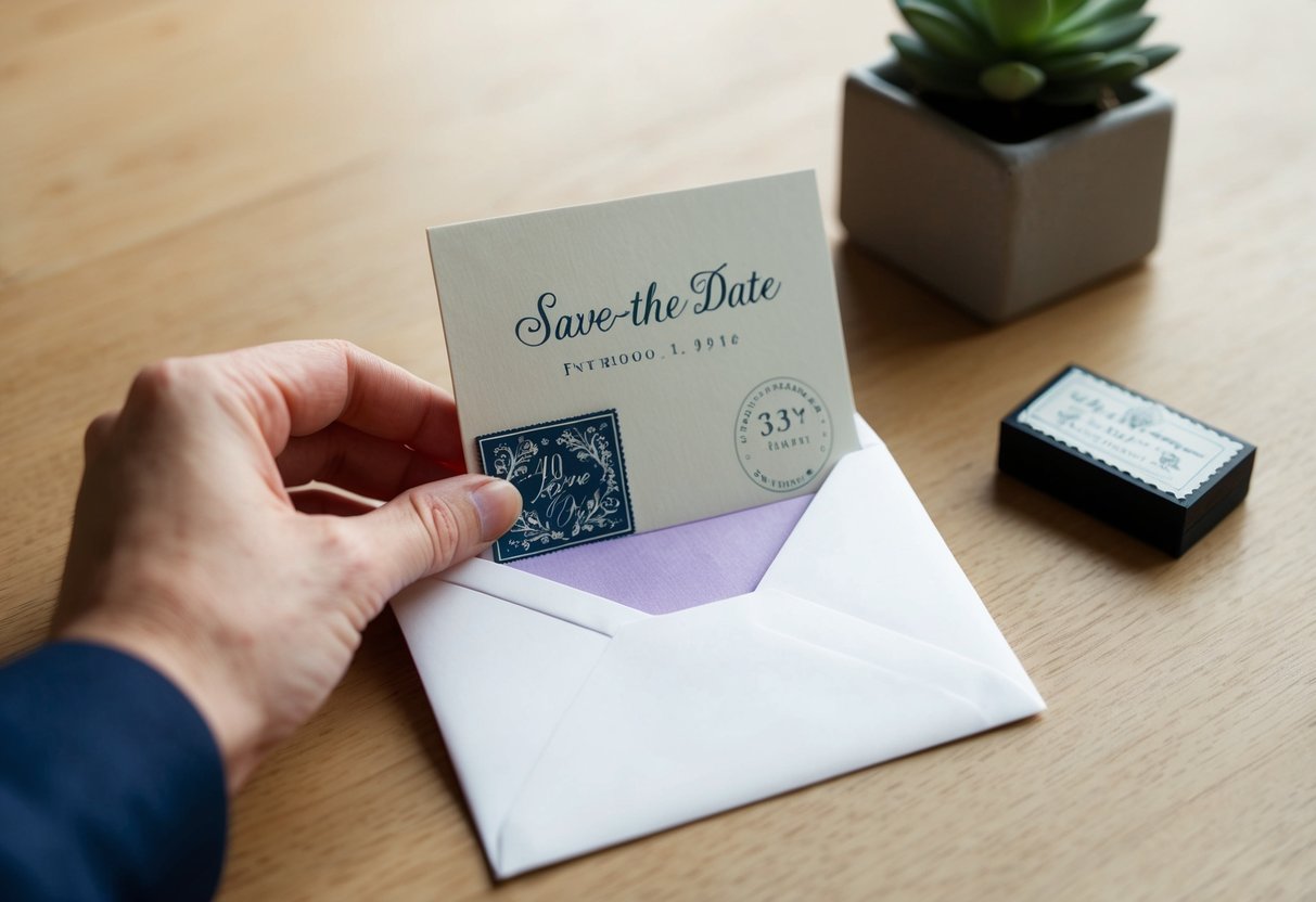 A hand placing a save-the-date card into a white envelope with a decorative stamp and address label