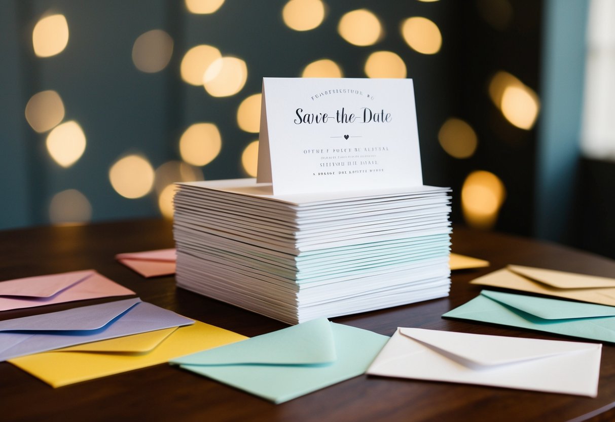 A stack of save-the-date cards with envelopes in various colors and designs arranged on a table