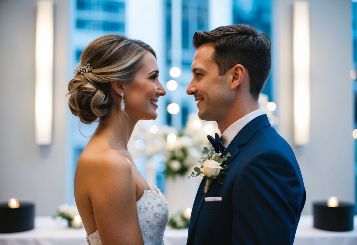 A modern wedding scene with two people facing each other, surrounded by contemporary decor and soft lighting