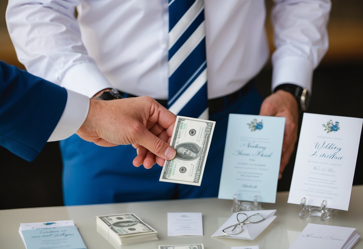 A groom's hand placing money into an envelope with wedding invitation samples displayed on a table