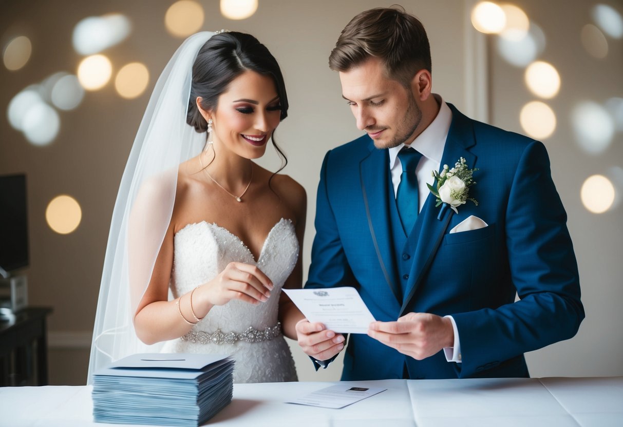 A bride and groom discussing wedding invitations with a stack of envelopes and a payment receipt on the table