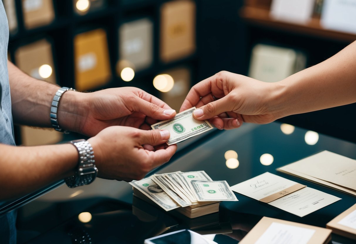 A couple's hands exchanging money for wedding invitations at a stationary store counter