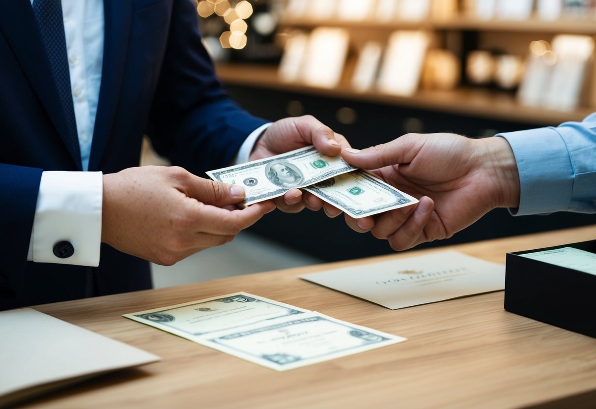 A couple's hands exchanging money for wedding invitations at a stationery store counter