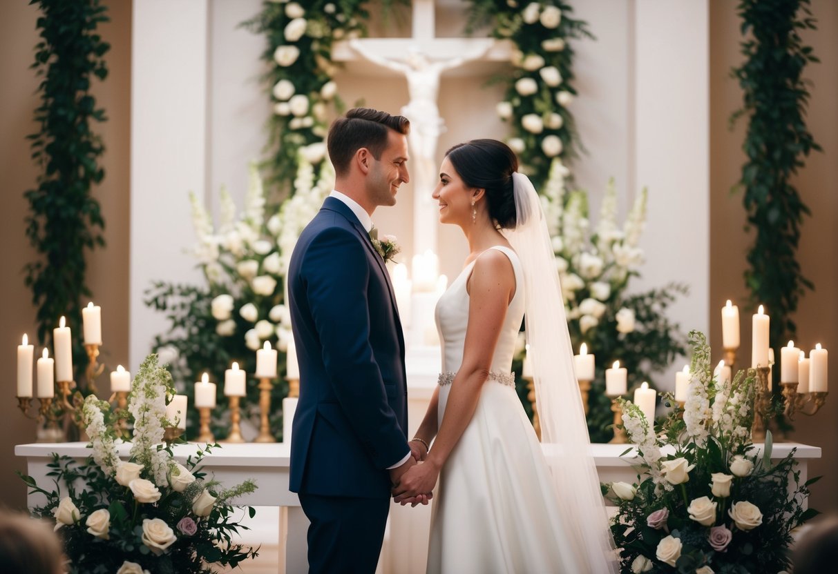 A couple standing at the altar, facing each other, surrounded by flowers and candles, with a serene and intimate atmosphere