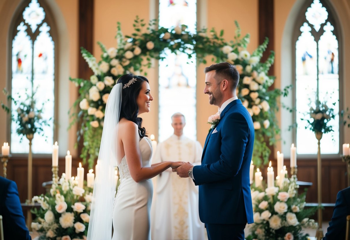 A couple standing at the altar, facing each other, surrounded by flowers and candles, exchanging heartfelt vows