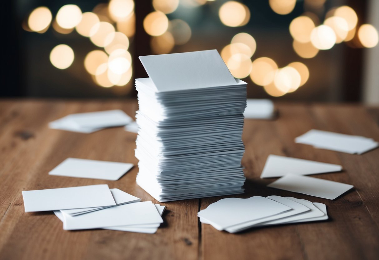 A stack of blank vow cards in various sizes and shapes, scattered on a wooden table