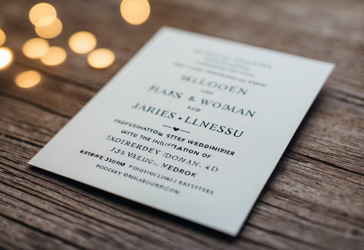 A wedding invitation with a man and woman's names listed side by side