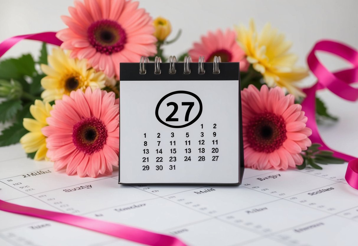 A calendar with a circled date, surrounded by flowers and a ribbon