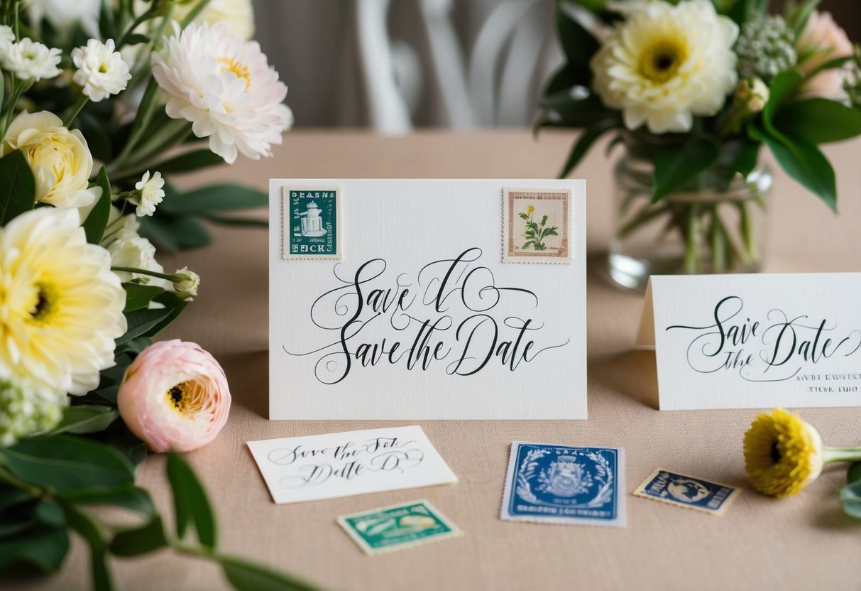 A beautifully decorated table with elegant calligraphy save the date cards, surrounded by fresh flowers and vintage stamps