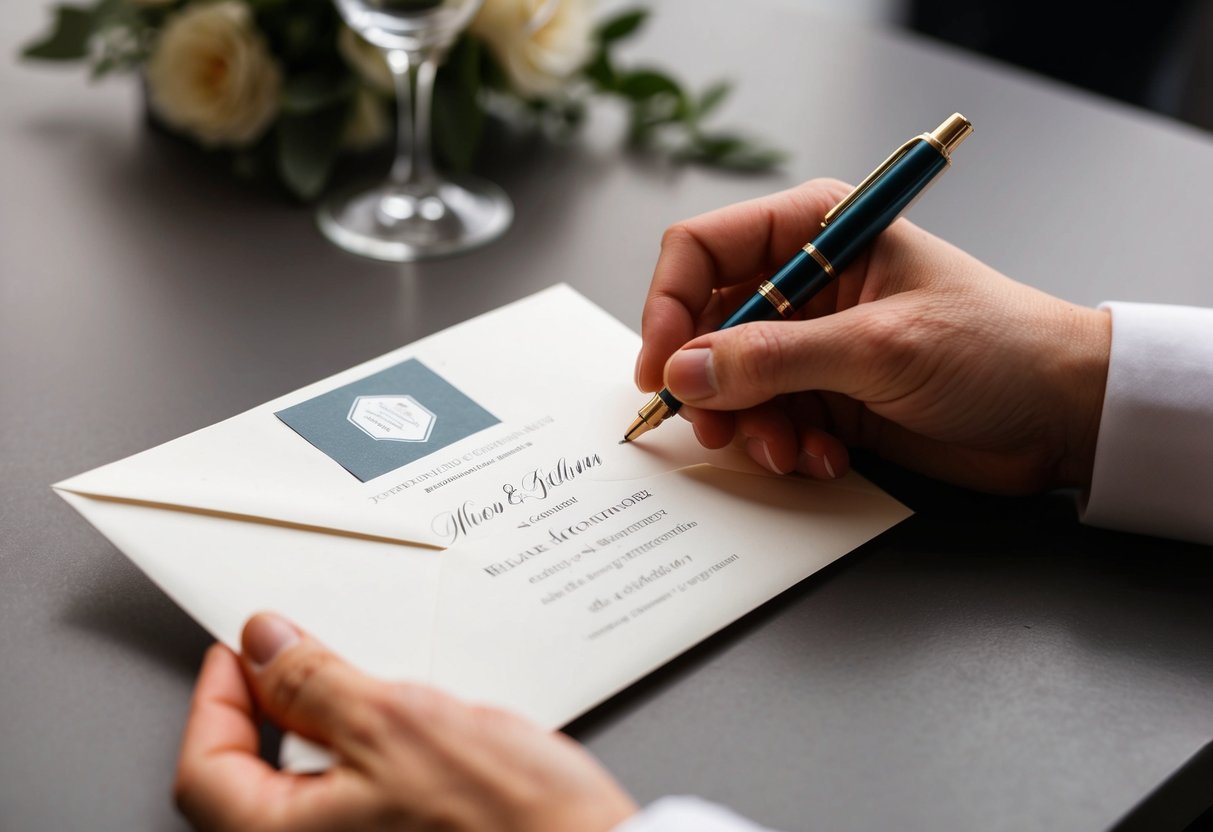A hand holding a pen, addressing an envelope with a wedding invitation