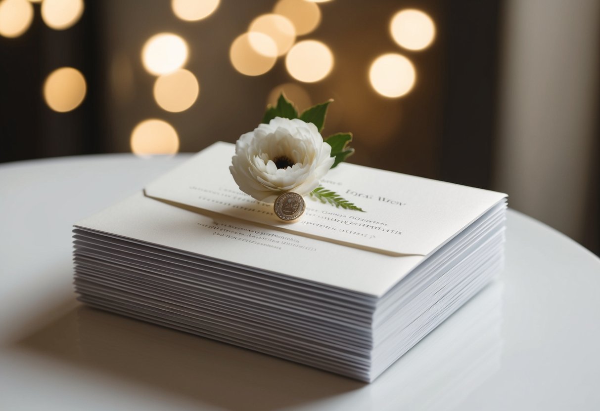 A stack of elegant wedding invitations, with one placed on top, ready to be addressed and sent out