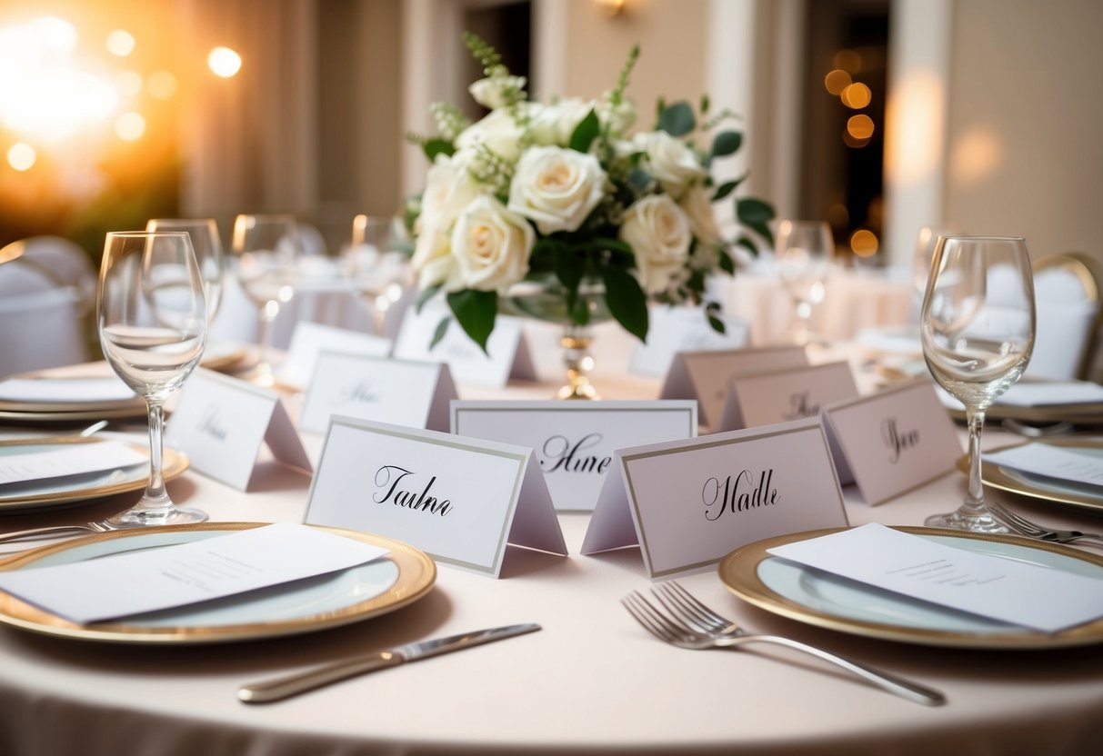 A table with elegant place settings and blank name cards arranged for a formal event