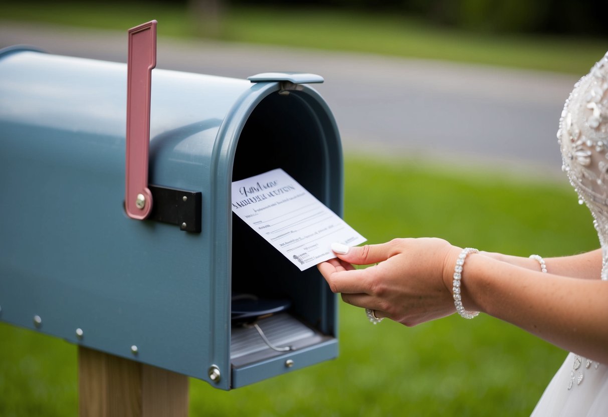 A bride's ringed hand places a marriage license with her new last name into a mailbox