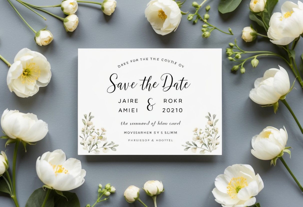 A save-the-date card with a simple, elegant design, featuring the names of the couple and the date of the event, surrounded by delicate floral illustrations