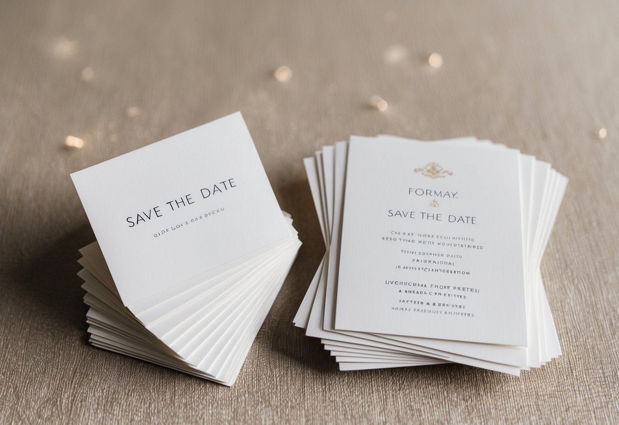 A stack of elegant save the date cards next to a pile of matching formal invitations, both featuring a simple yet sophisticated design