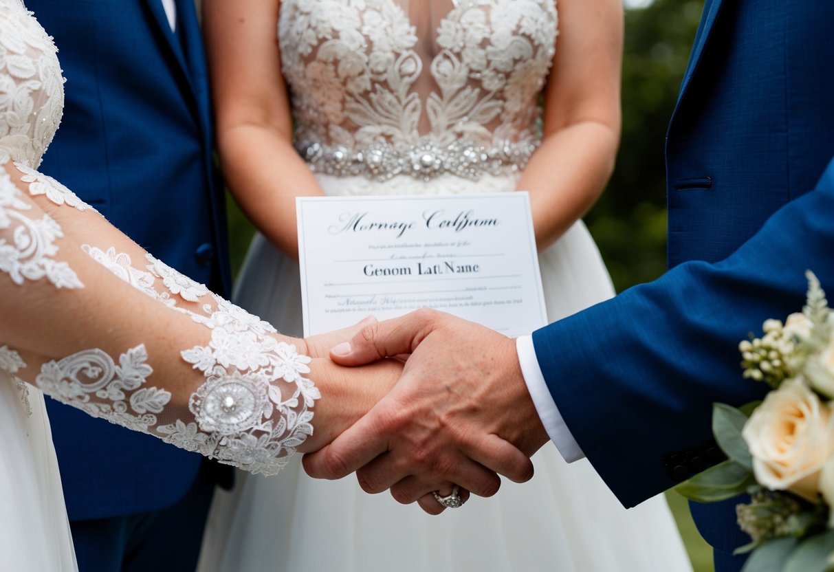 A bride and groom's hands clasped together, with the bride's hand holding a marriage certificate with the groom's last name