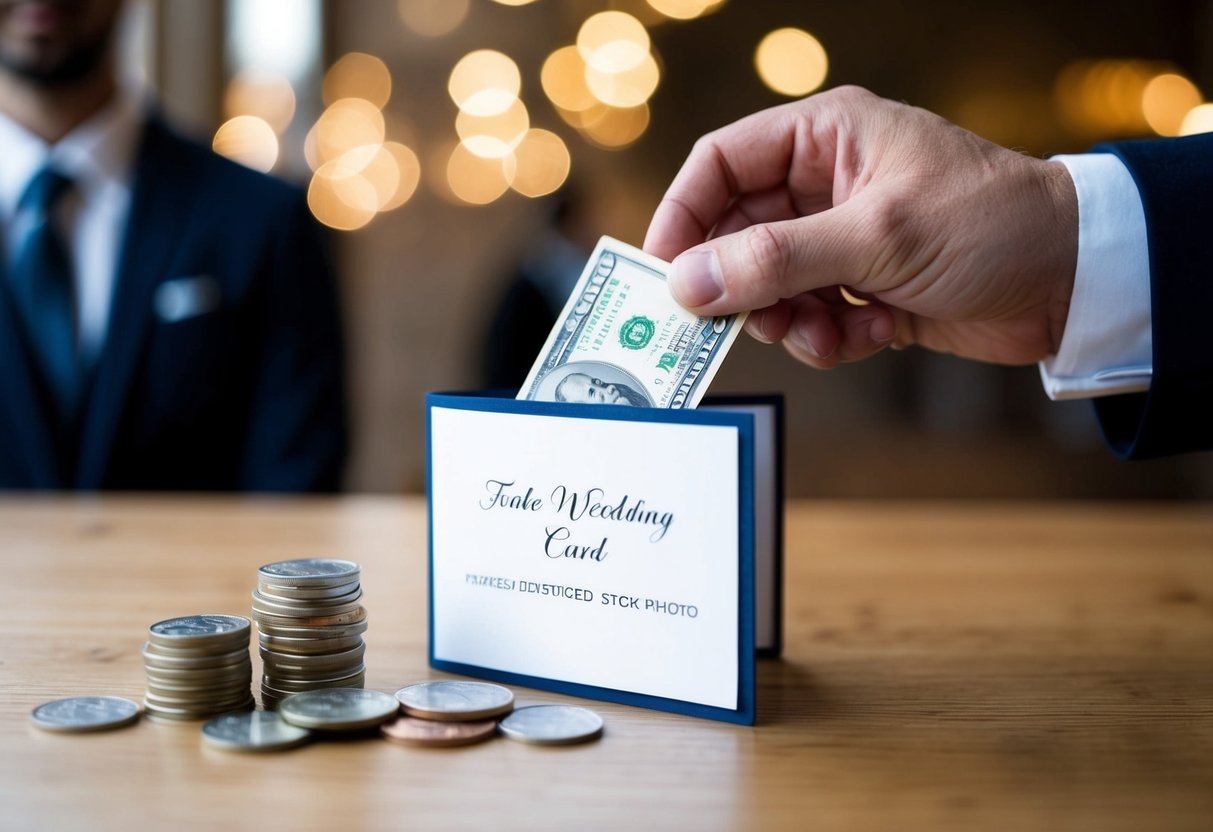 A wedding card with a stack of bills and coins being inserted