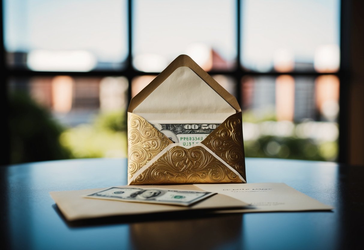 A decorative envelope with cash and a wedding card on a table