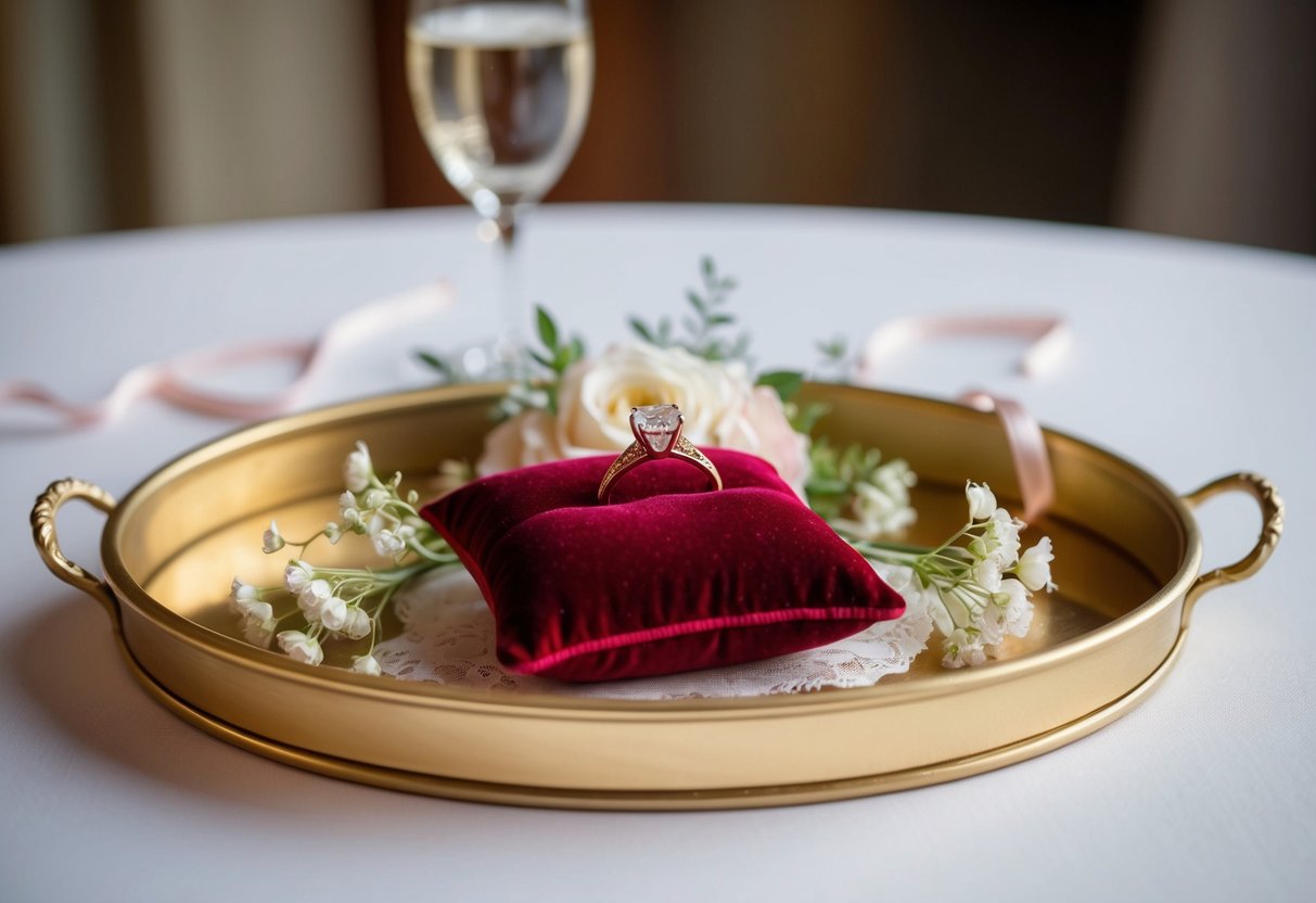 A small velvet pillow holds the bride's ring, resting on a golden tray adorned with delicate flowers and ribbons