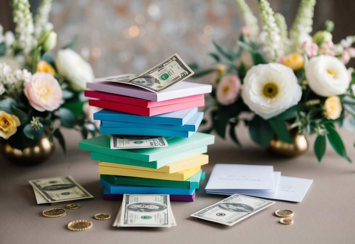A stack of colorful wedding cards with various amounts of money tucked inside, surrounded by elegant floral arrangements and decorative accents
