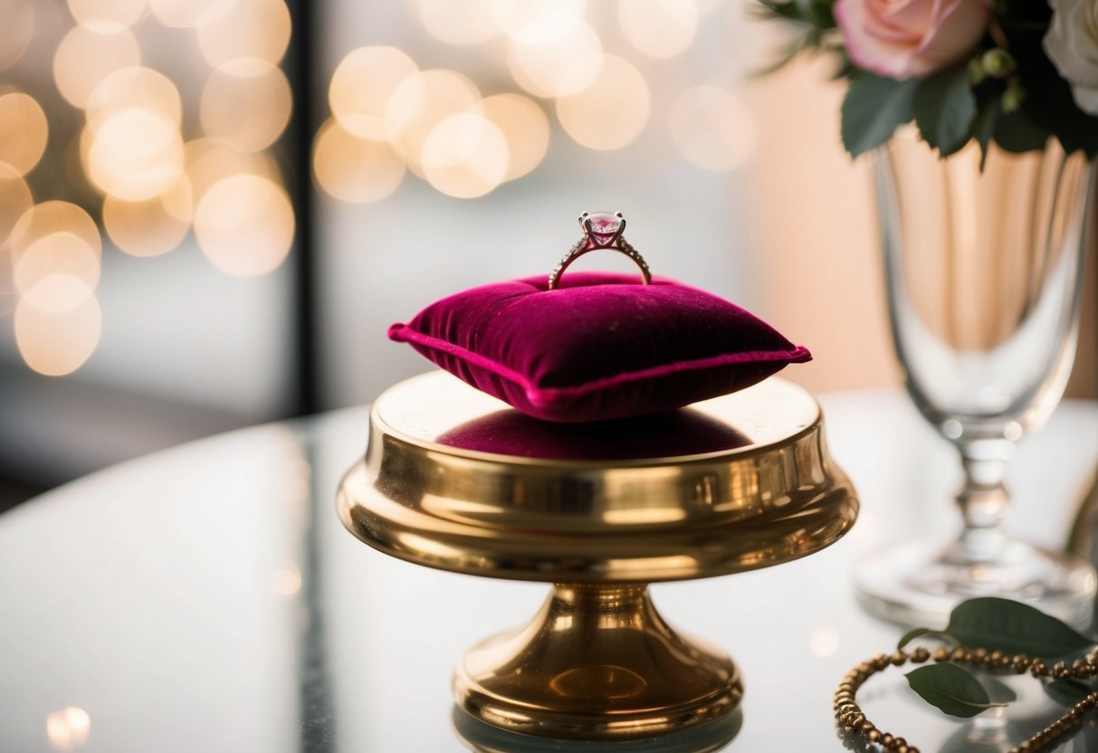 A small velvet cushion holds the bride's ring, resting on a golden pedestal