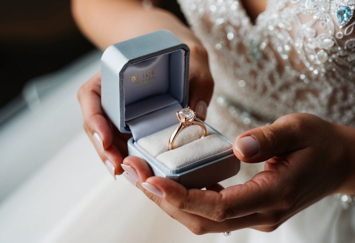 A bride's ring held in a delicate ring box, presented on a cushion or by a trusted loved one
