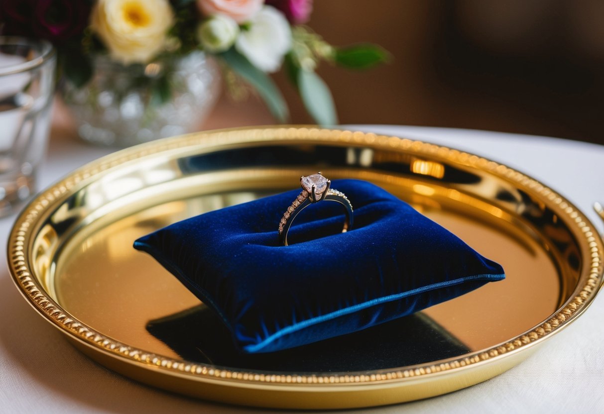 A small velvet pillow on a golden tray holds the bride's ring