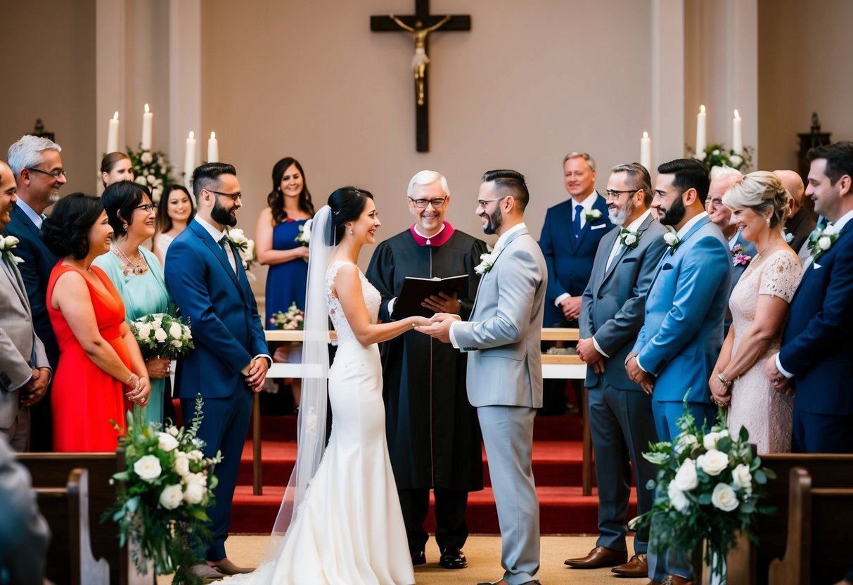 A bride and groom standing at the altar, surrounded by family and friends, exchanging vows and rings. A minister or officiant presiding over the ceremony