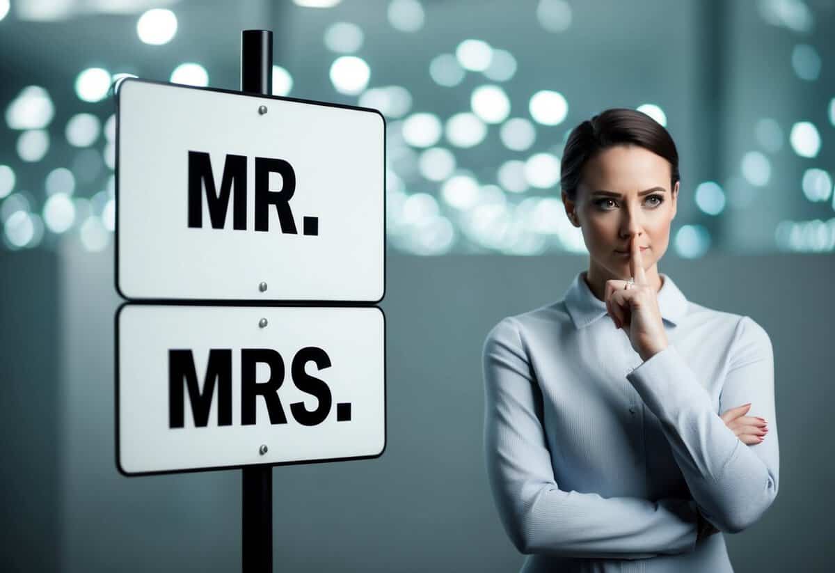 A gender-neutral figure stands beside a sign with two options: "Mr." and "Mrs." The figure looks contemplative, with a finger on their chin