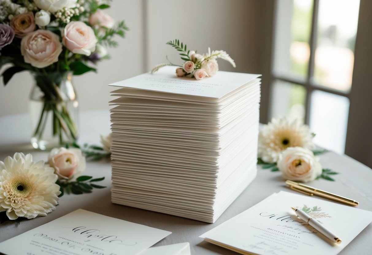 A stack of elegant wedding invitations arranged on a table with floral decorations and a calligraphy pen