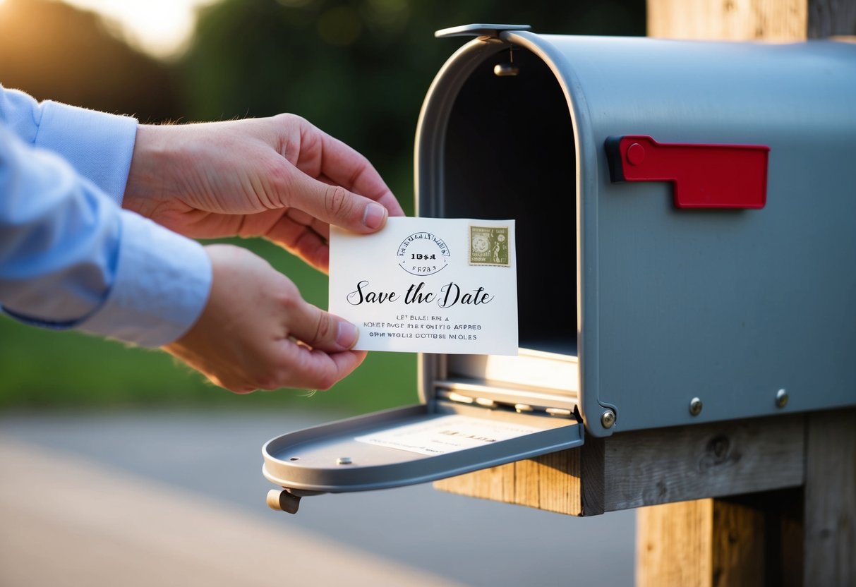 A person placing a save the date card into a mailbox with a postage stamp