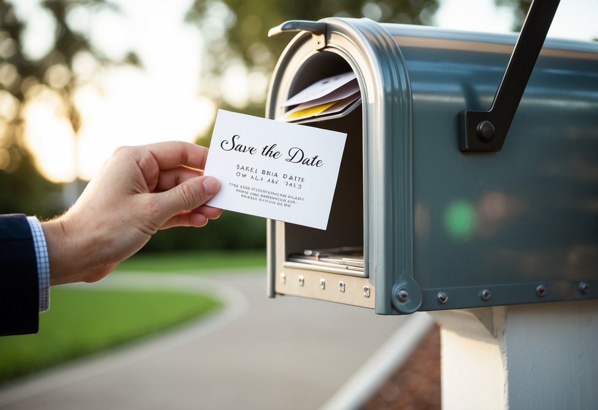A hand placing a save the date card into a mailbox