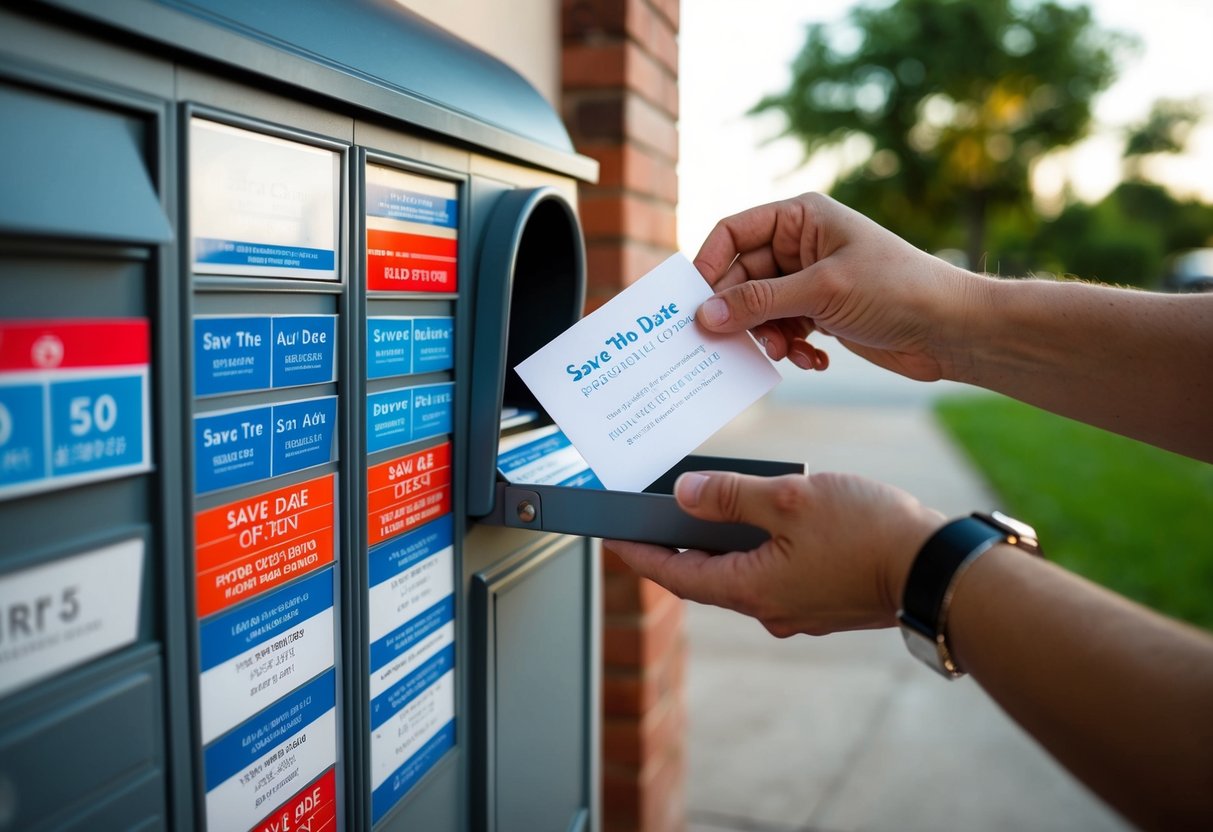 A hand placing save the date cards into a mailbox with various postage options displayed nearby