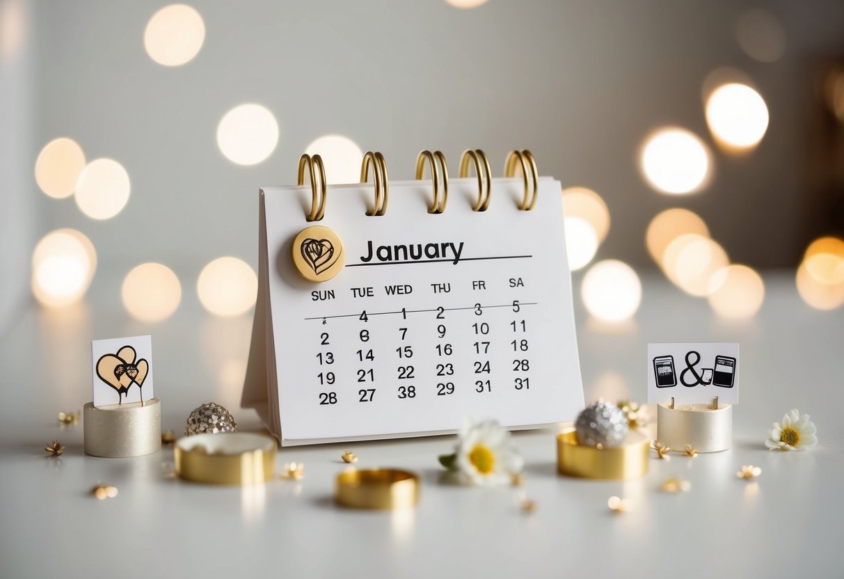 A calendar with a circled date, surrounded by wedding-related symbols and decorations