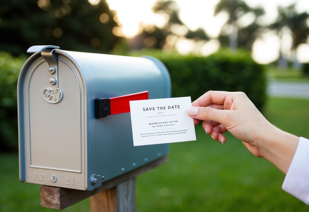 A hand placing a save the date card into a mailbox