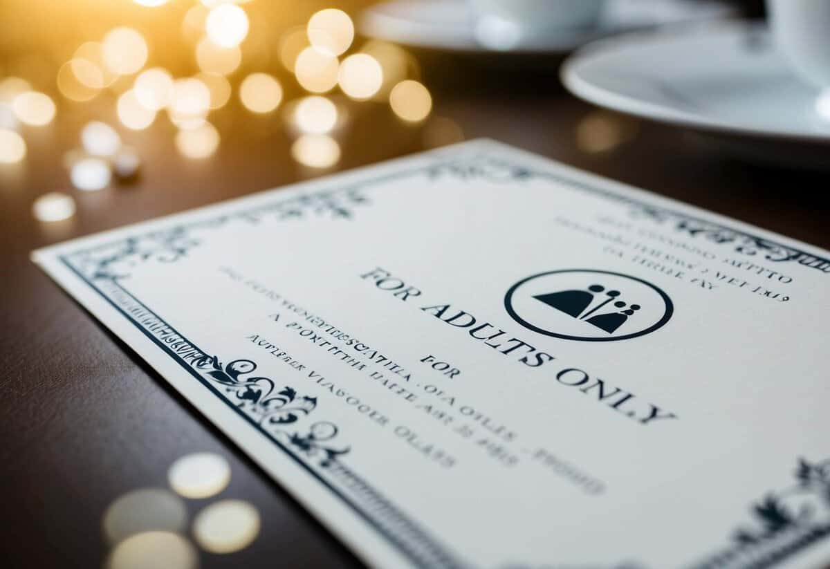 A formal wedding invitation with an elegant design and a clear symbol indicating that the event is for adults only