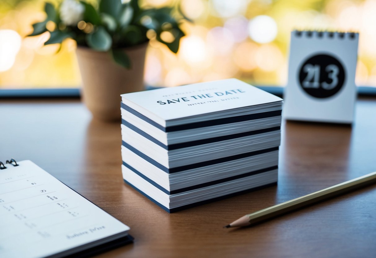 A stack of save the date cards arranged neatly on a table, with a calendar and a pencil nearby