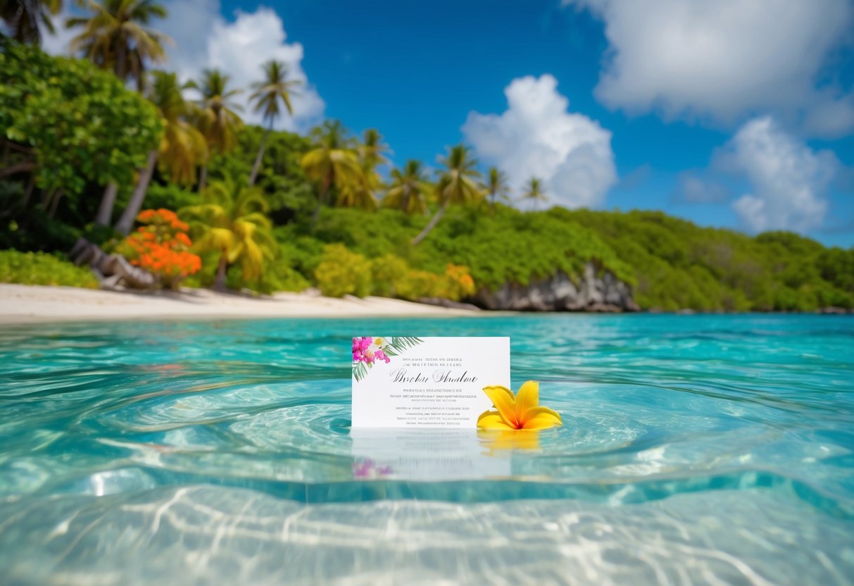 A tropical beach with a wedding invitation floating in the crystal-clear water, surrounded by lush greenery and colorful flowers