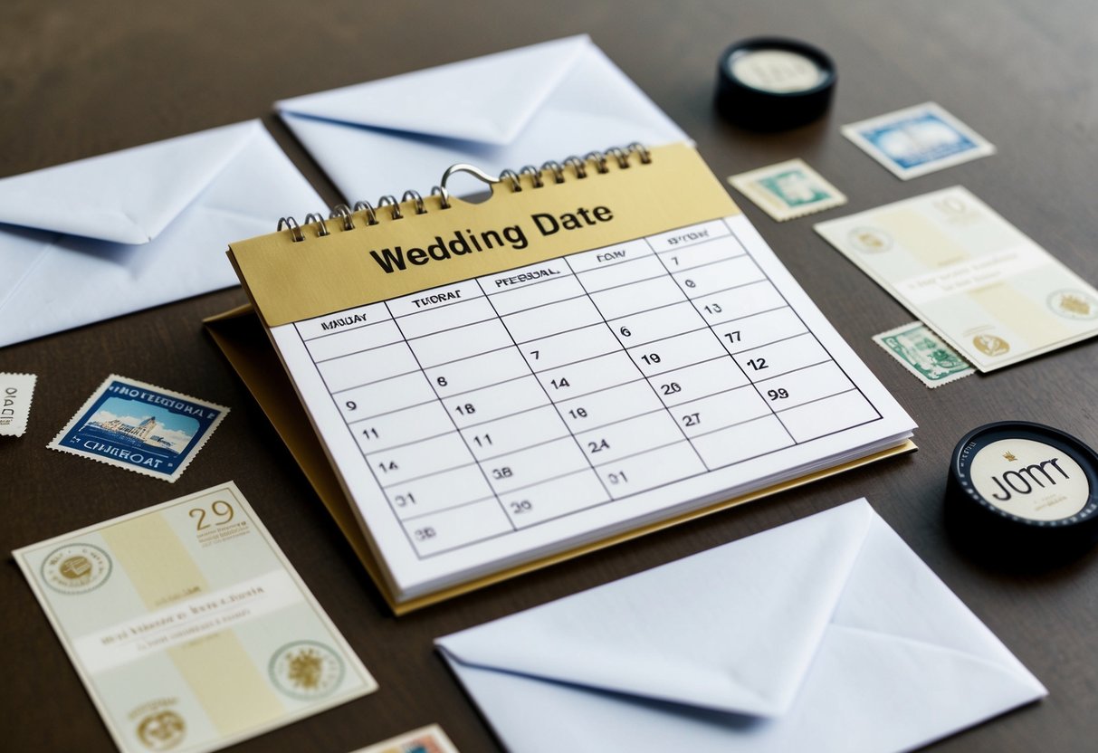 A calendar with the wedding date circled, surrounded by envelopes and stamps