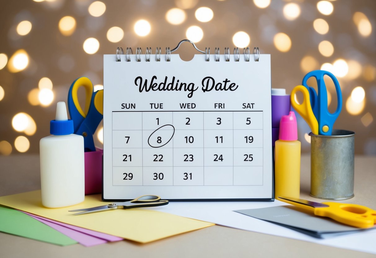 A calendar with the wedding date circled, surrounded by craft supplies like paper, scissors, and glue