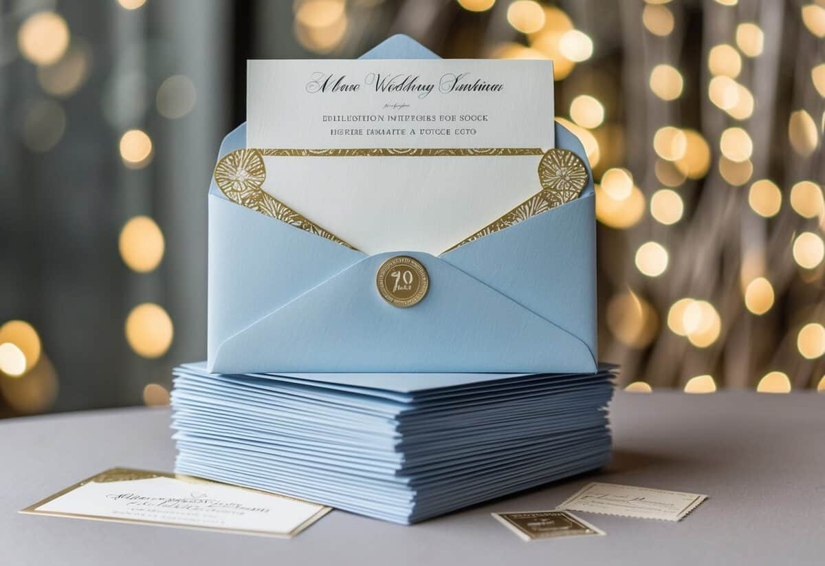 A stack of elegant wedding invitations with matching envelopes and stamps, ready to be sent out
