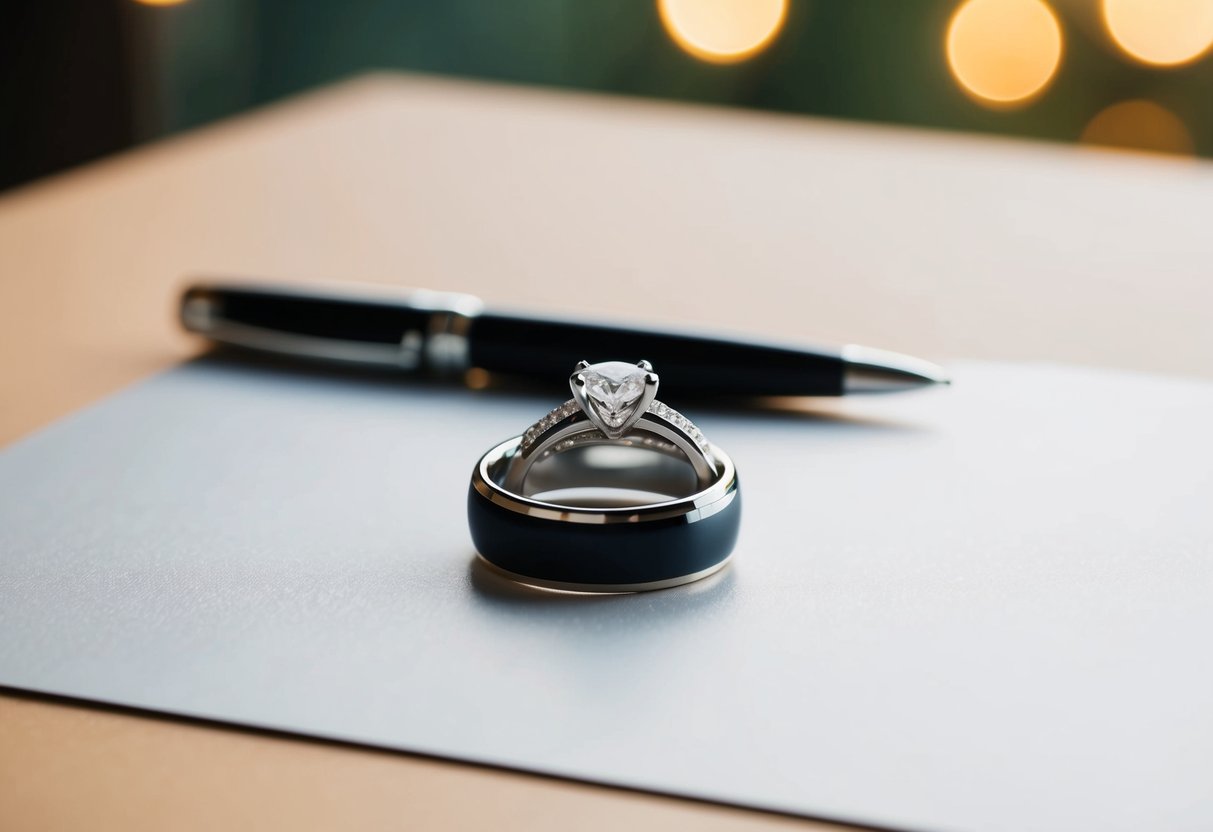 A wedding ring placed on a blank surface, with a pen nearby