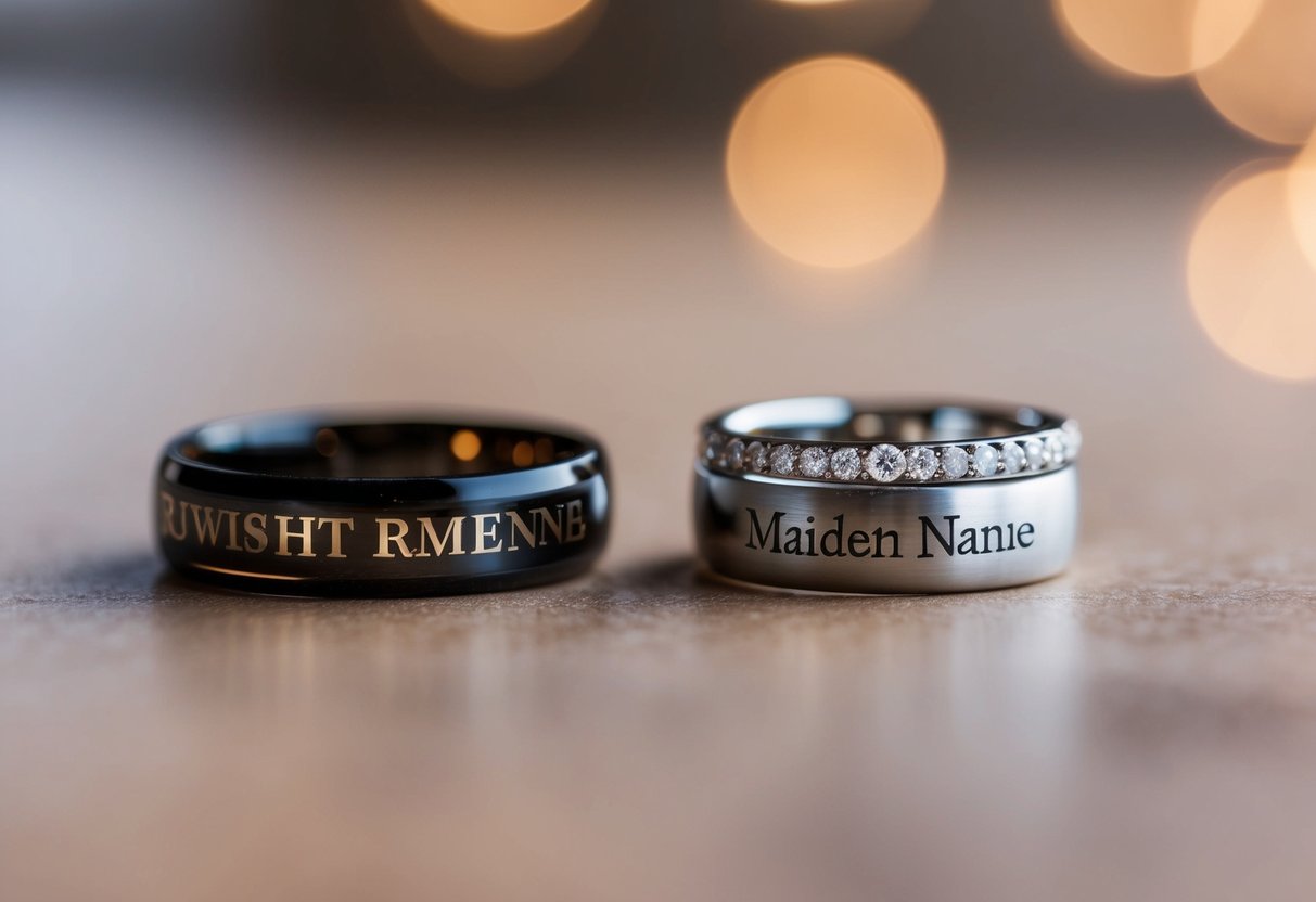 A woman's wedding ring and maiden name displayed side by side