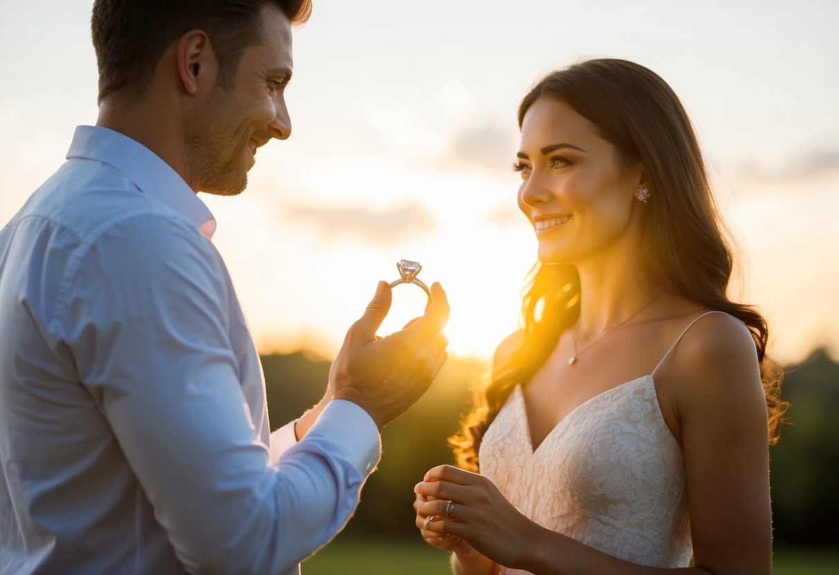 A man presenting a diamond engagement ring to a woman, both standing in a romantic setting with soft, warm lighting