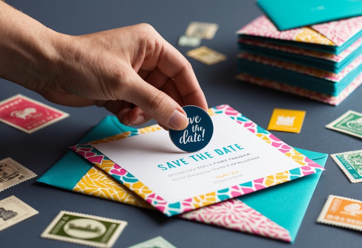 A hand placing a save the date magnet onto a colorful, patterned envelope. The envelope is surrounded by various stamps and a stack of similar envelopes