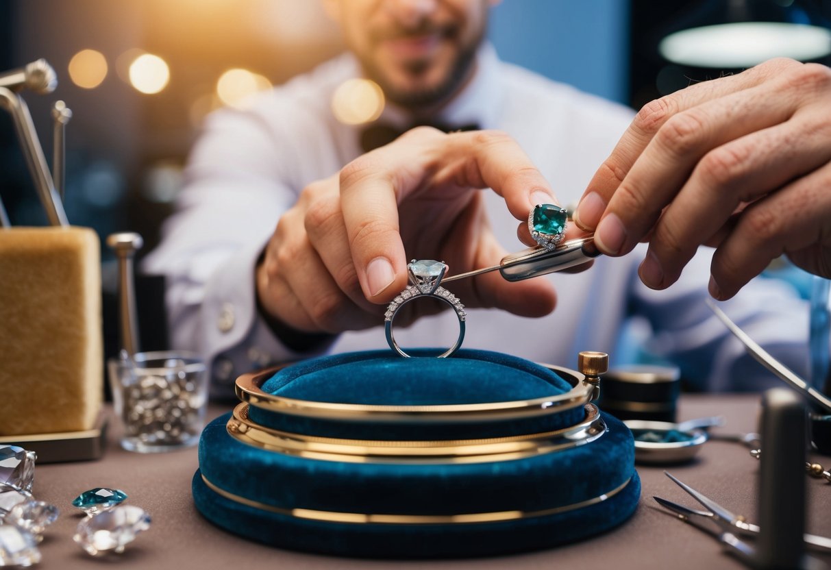 A jeweler carefully selects and weighs precious gemstones for a wedding ring, surrounded by delicate tools and a plush velvet display