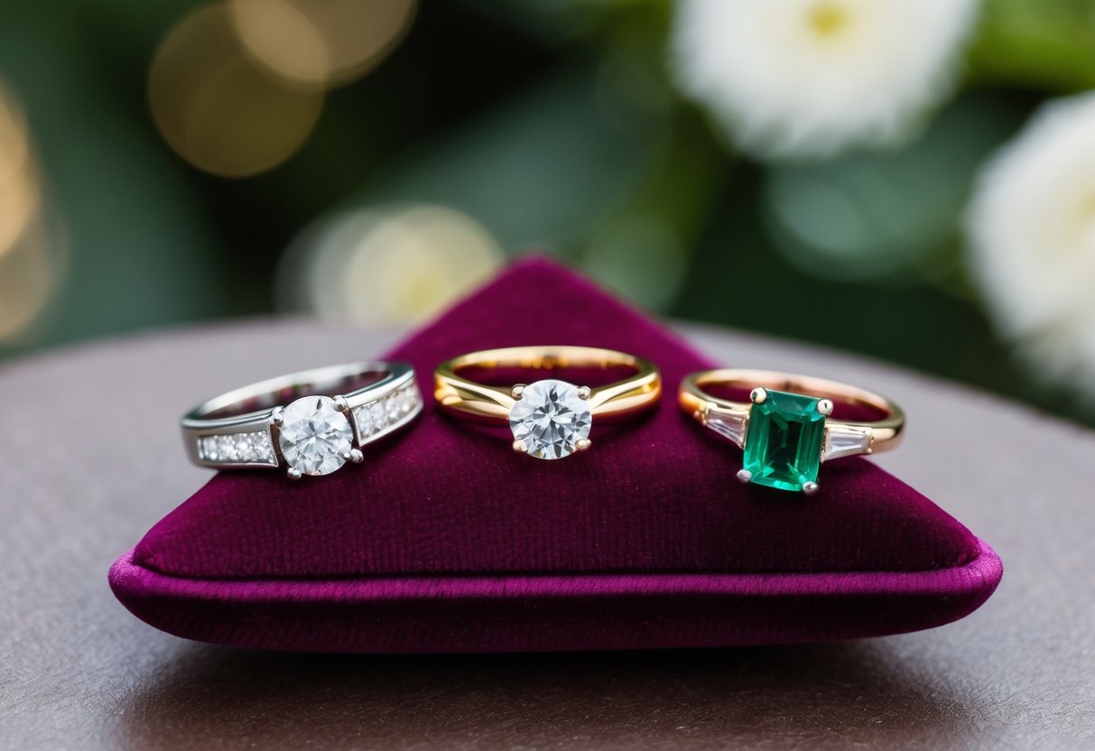 Three wedding rings arranged in a triangle on a velvet cushion. One ring is silver with a diamond, another is gold with a sapphire, and the third is rose gold with an emerald